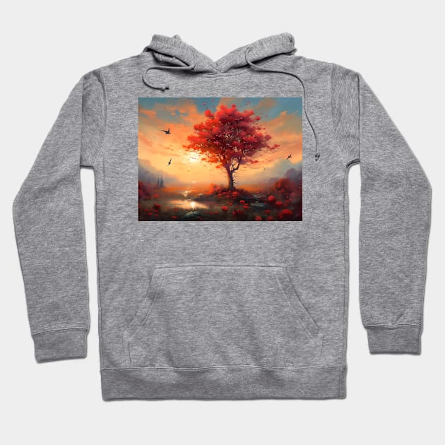 Spring landscape with a single flowering tree. Hoodie by osadchyii